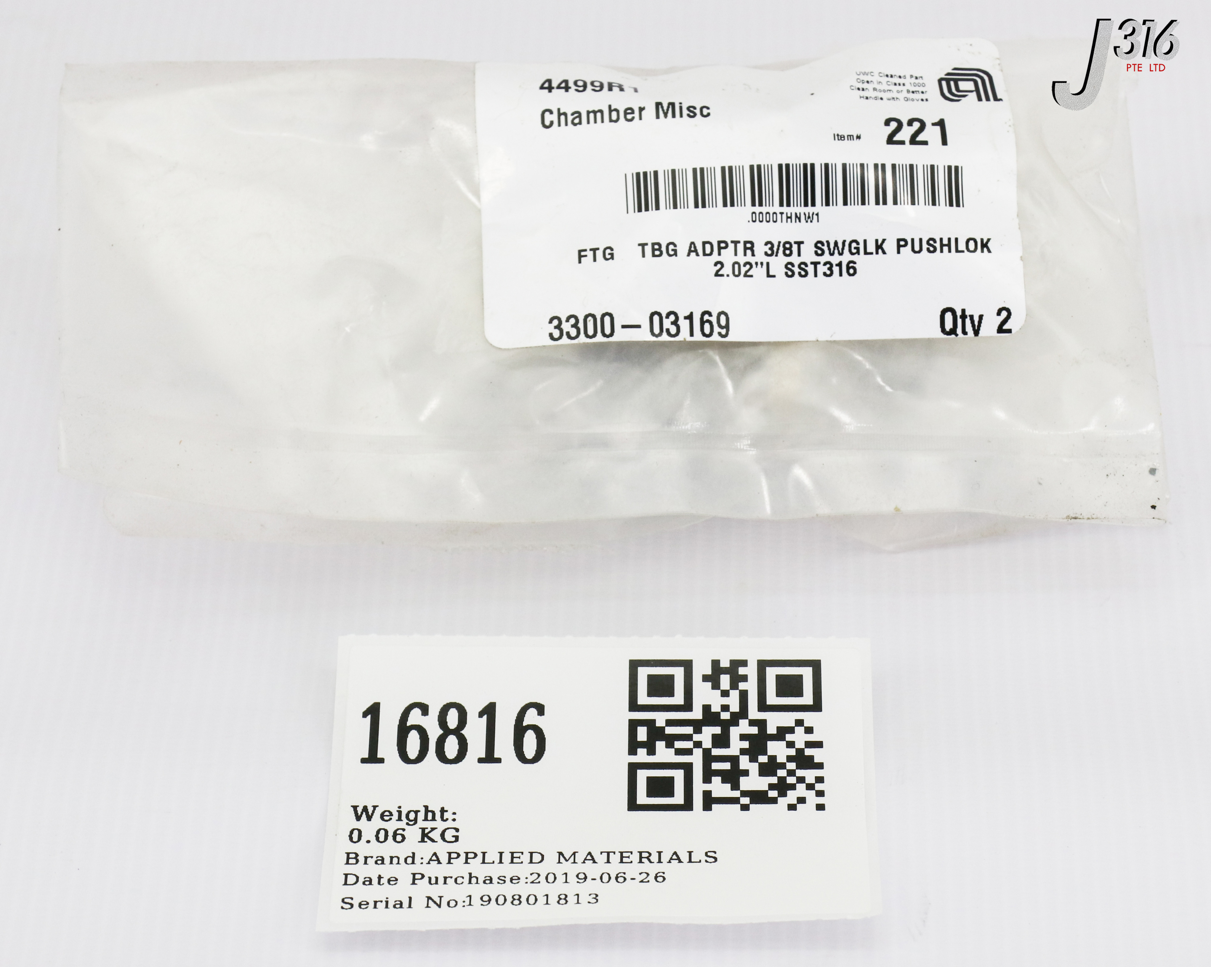 E 16816 APPLIED MATERIALS FTG TBG ADPTR 3/8T SWGLK PUSHLOK 2.02 3300